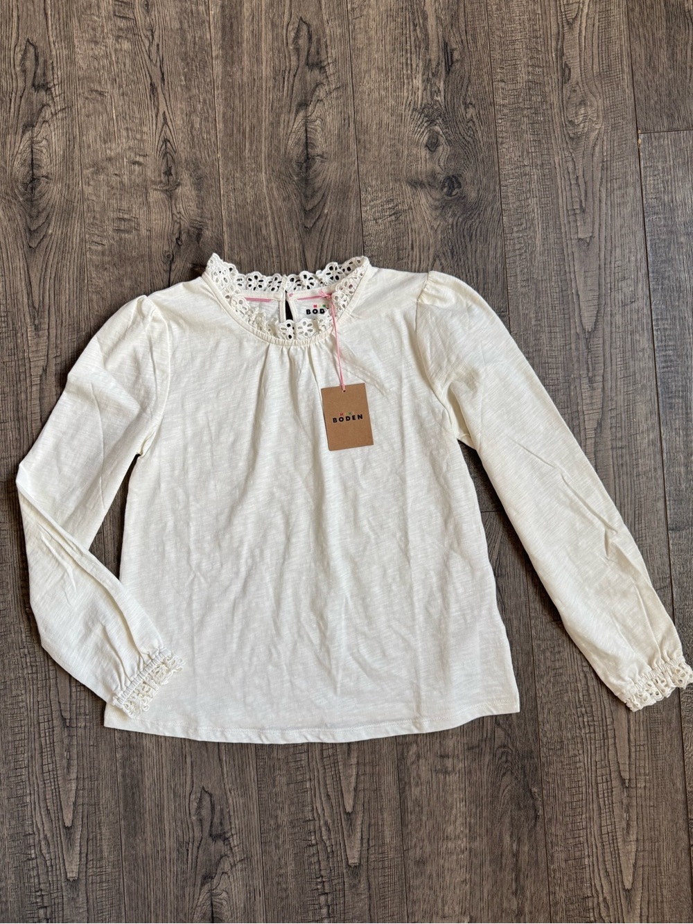 Mini Boden White Eyelet Long Sleeve Top- NWT- Size 10-11